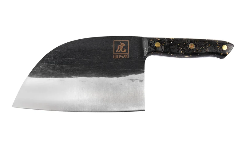 Couteau lame XL 17,5cm Wusaki BIG ONE brut de forge acier et manche carbone avec feuille d'or + étui cuir