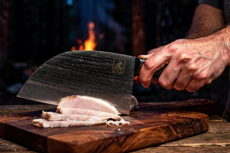 Couteau lame XL 17,5cm Wusaki BIG ONE brut de forge acier et manche carbone avec feuille d'or + étui cuir
