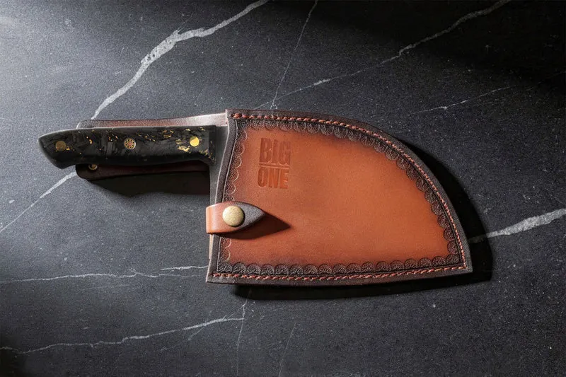 Couteau lame XL 17,5cm Wusaki BIG ONE brut de forge acier et manche carbone avec feuille d'or + étui cuir