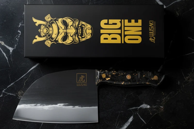 Couteau lame XL 17,5cm Wusaki BIG ONE brut de forge acier et manche carbone avec feuille d'or + étui cuir