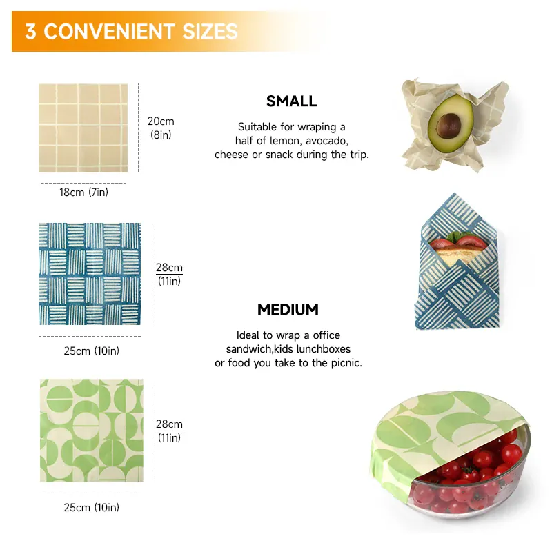 Film Alimentaire Cire d'Abeille Lot de 3 Wraps Réutilisables Écologiques