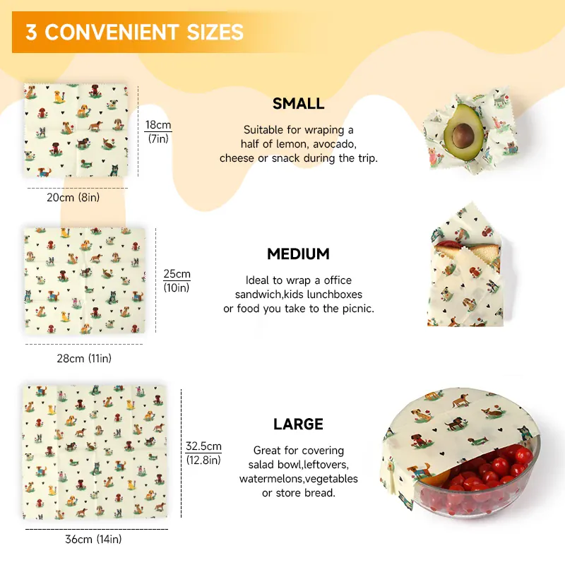 Film Alimentaire Cire d'Abeille Lot de 6 Réutilisables Décorés