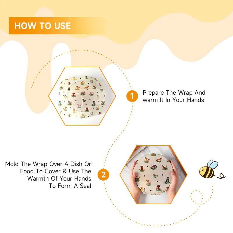 Film Alimentaire Cire d'Abeille Lot de 6 Réutilisables Décorés