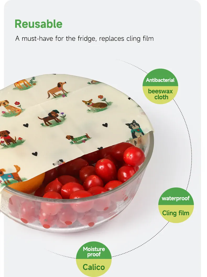 Film Alimentaire Cire d'Abeille Lot de 6 Réutilisables Décorés