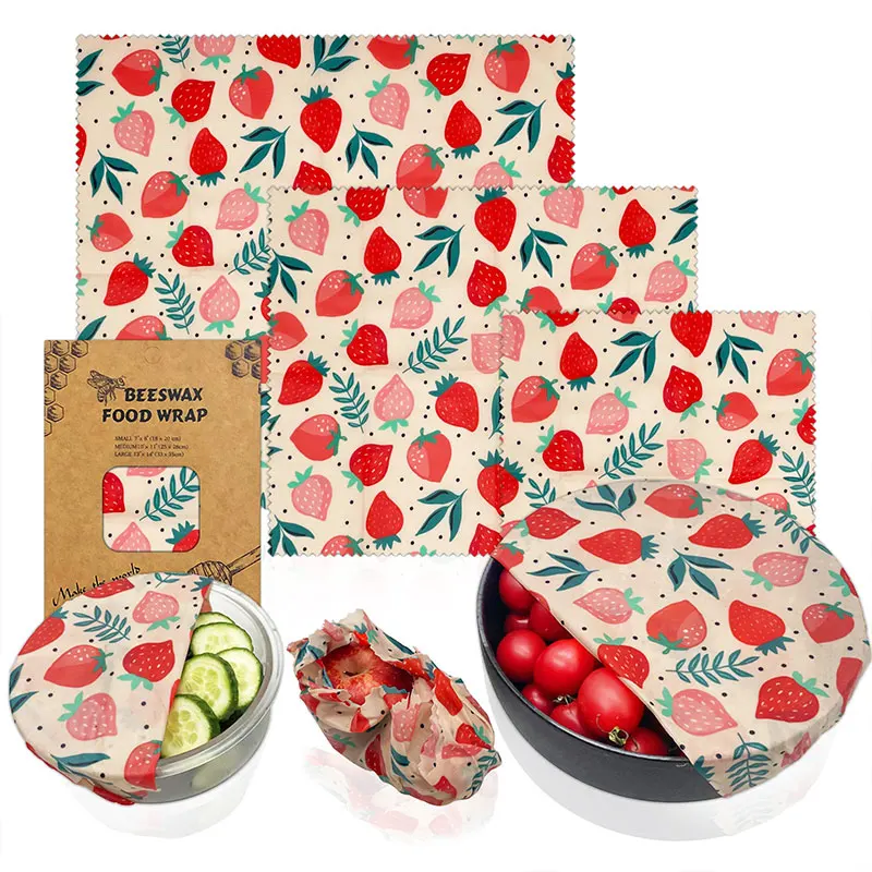 Film Alimentaire Réutilisable Cire d'Abeille – Lot de 3 Tailles, Motifs Fruités