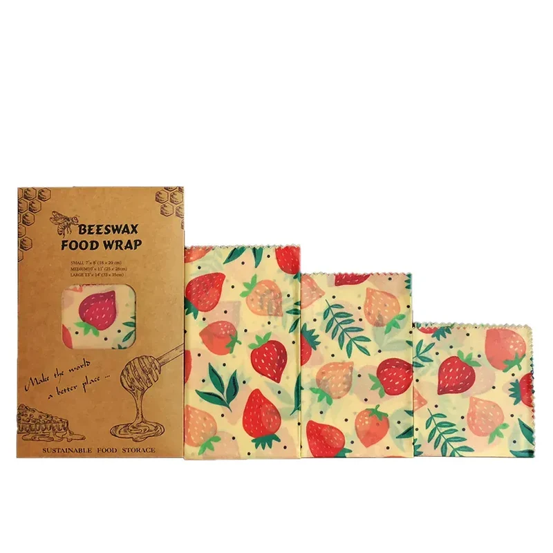 Film Alimentaire Réutilisable Cire d'Abeille – Lot de 3 Tailles, Motifs Fruités