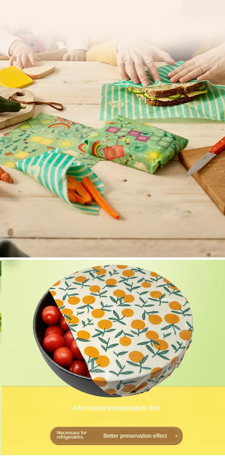 Film Alimentaire Réutilisable Cire d'Abeille – Lot de 3 Tailles, Motifs Fruités