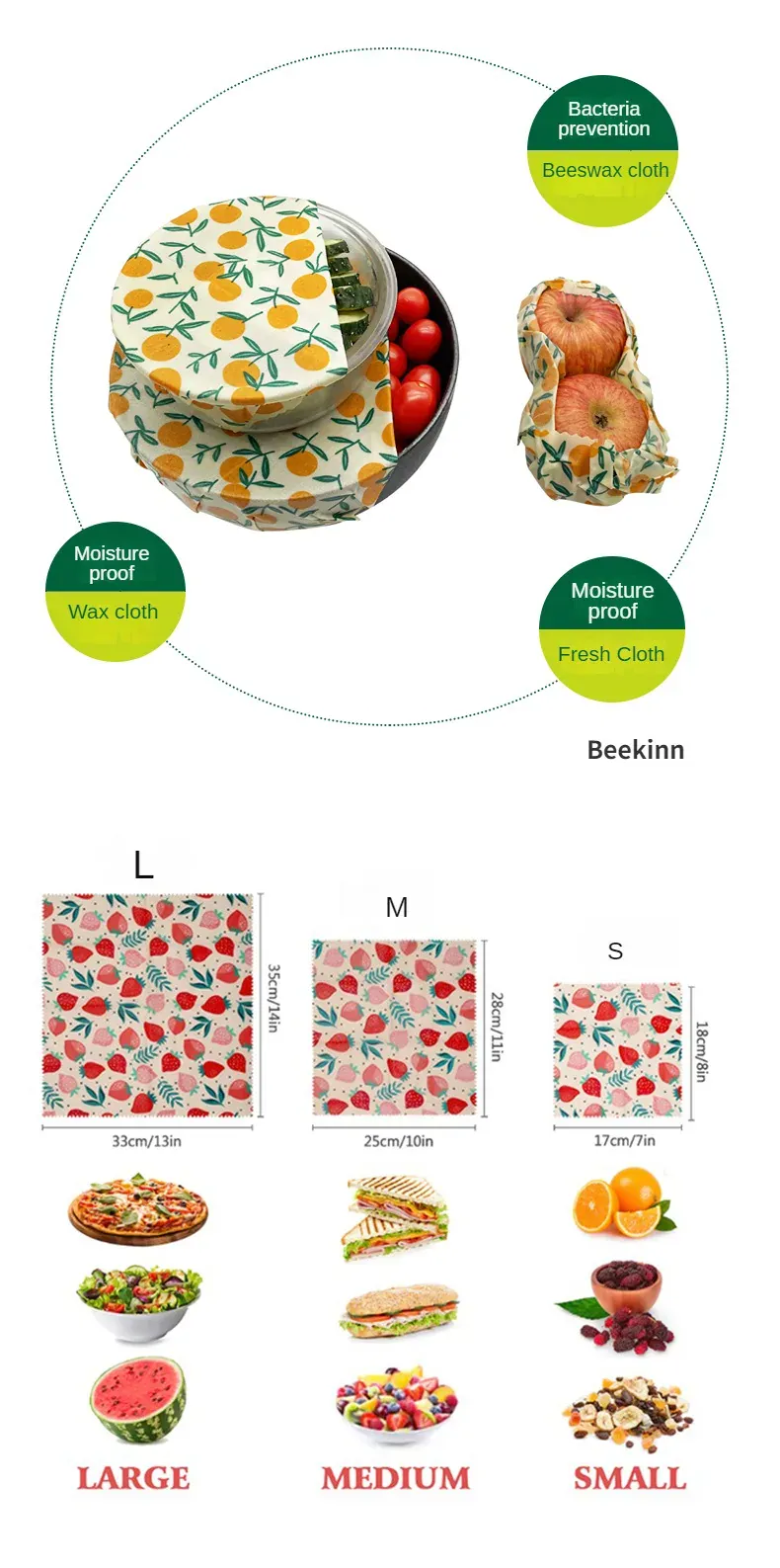 Film Alimentaire Réutilisable Cire d'Abeille – Lot de 3 Tailles, Motifs Fruités
