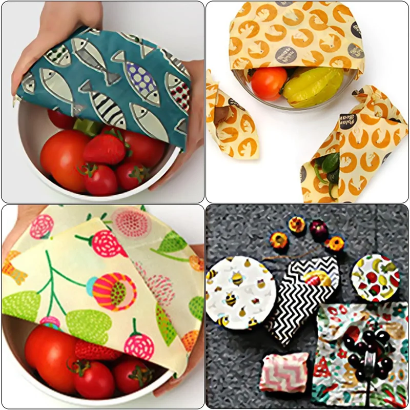 Film Alimentaire Réutilisable Cire d'Abeille – Lot de 3 Feuilles, 15 Motifs