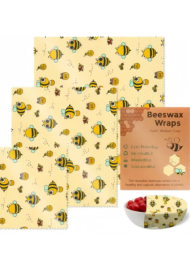 Film Alimentaire Réutilisable Cire d'Abeille – Lot de 3 Feuilles, 15 Motifs