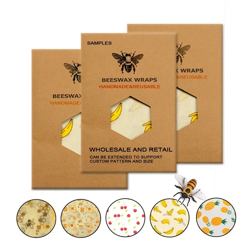 Film Alimentaire Cire d'Abeille Lot de 3 Motifs Écologiques