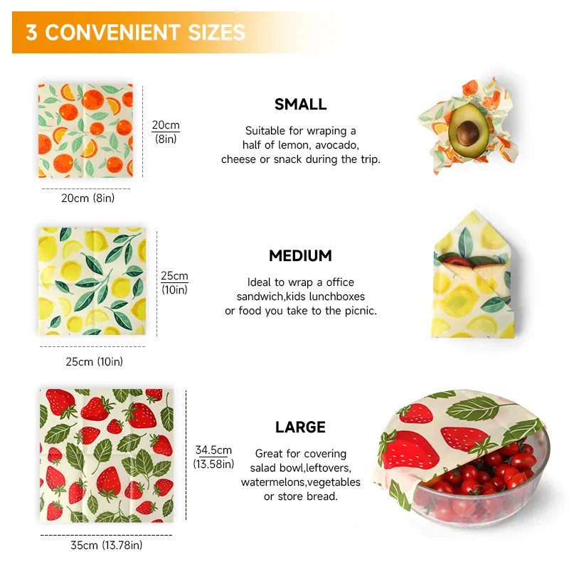 Film Alimentaire Réutilisable Cire d'Abeille Lot de 6 Pièces Colorées