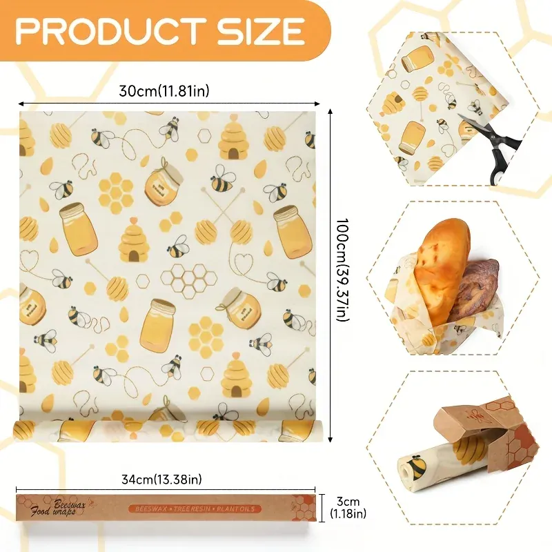 Film Alimentaire Cire d'Abeille Réutilisable 100x30 cm - Lot de 1
