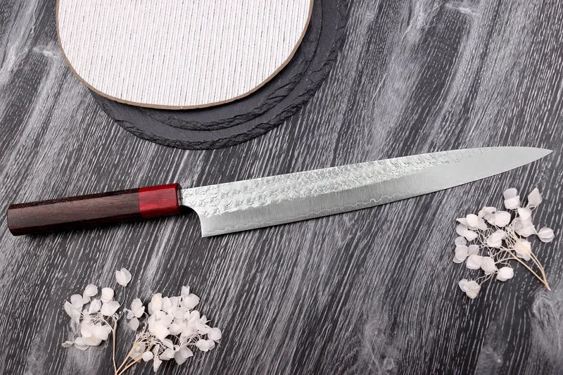 Couteau sujihiki japonais artisanal Yoshimi Kato Minamo SG2 Tsuchime 27cm