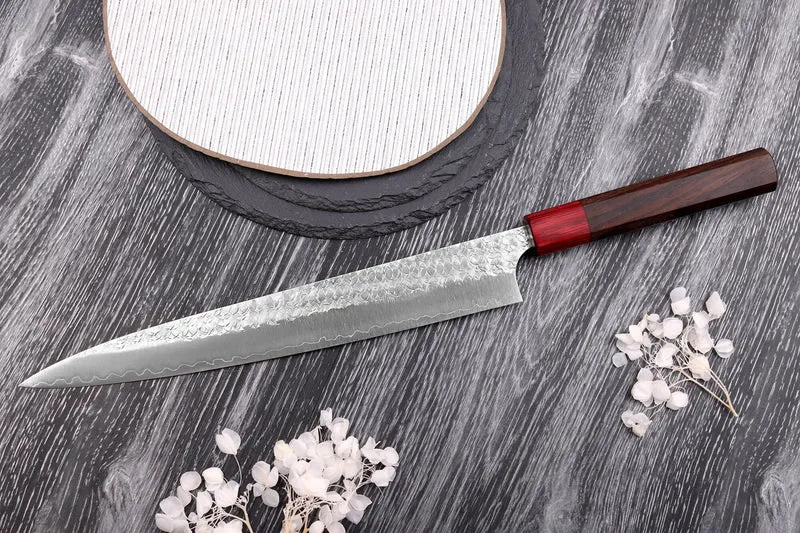Couteau sujihiki japonais artisanal Yoshimi Kato Minamo SG2 Tsuchime 27cm