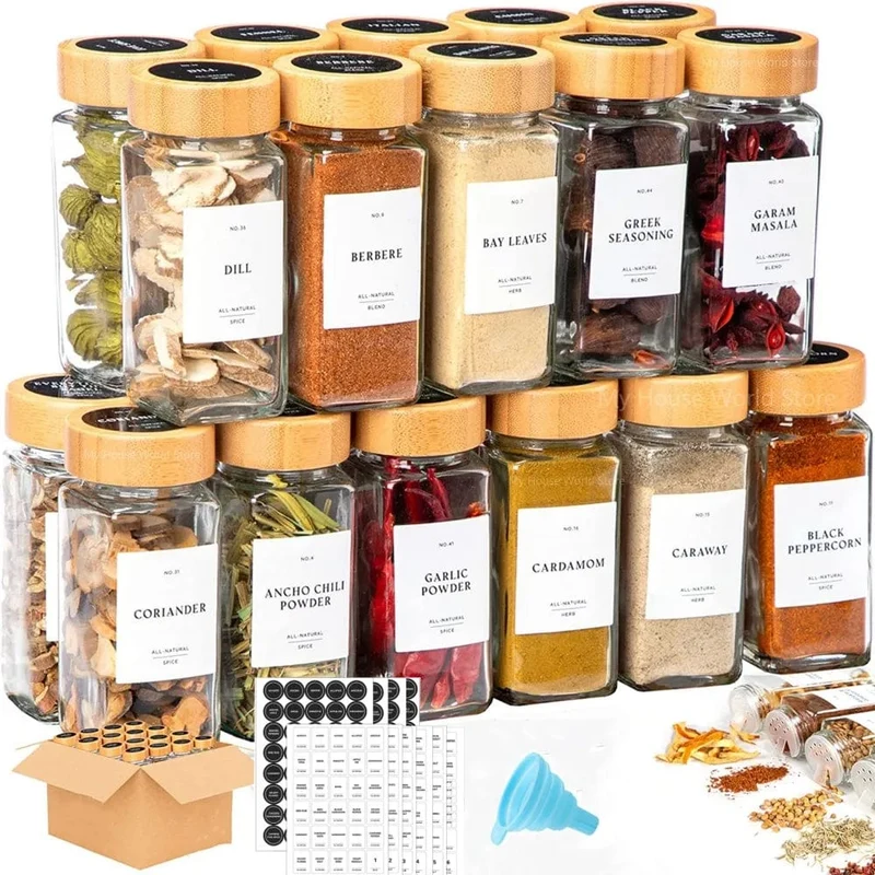 Pots à épices en verre avec couvercle bambou + étiquettes – Set cuisine