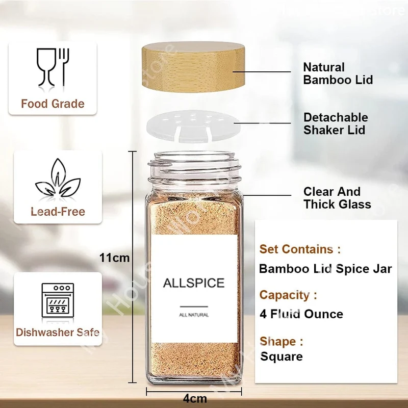 Pots à épices en verre avec couvercle bambou + étiquettes – Set cuisine