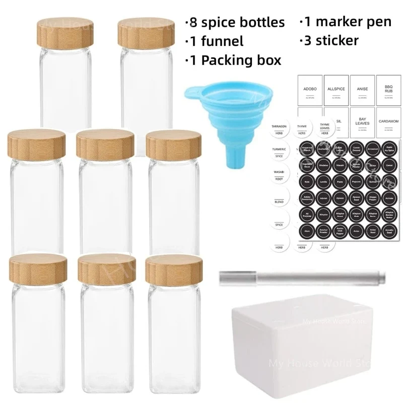 Pots à épices en verre avec couvercle bambou + étiquettes – Set cuisine