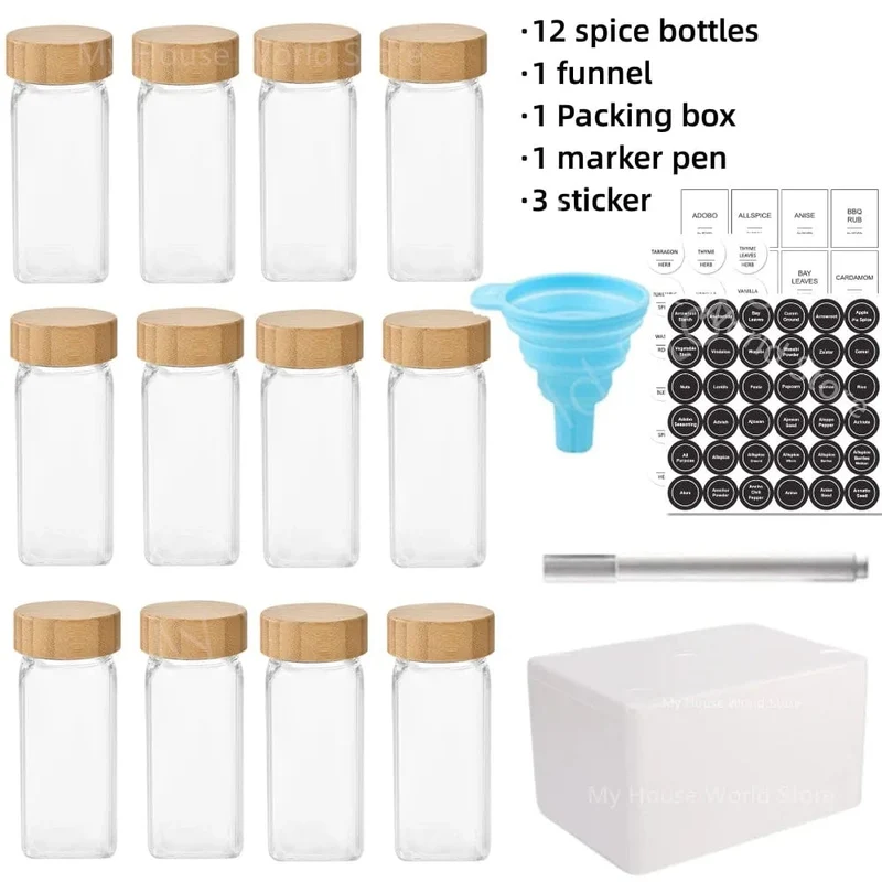 Pots à épices en verre avec couvercle bambou + étiquettes – Set cuisine