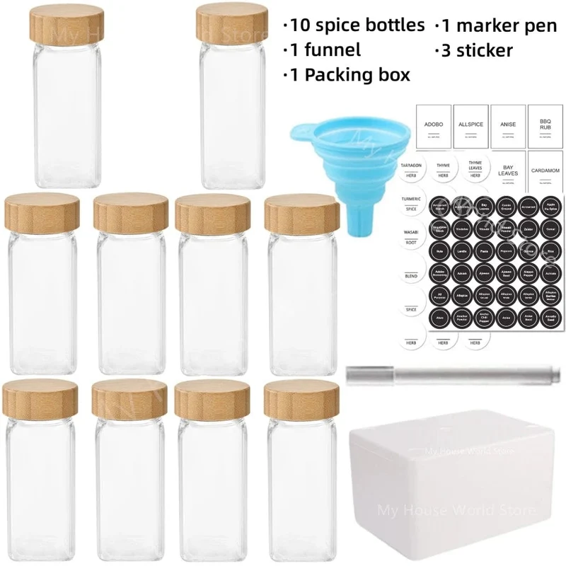 Pots à épices en verre avec couvercle bambou + étiquettes – Set cuisine
