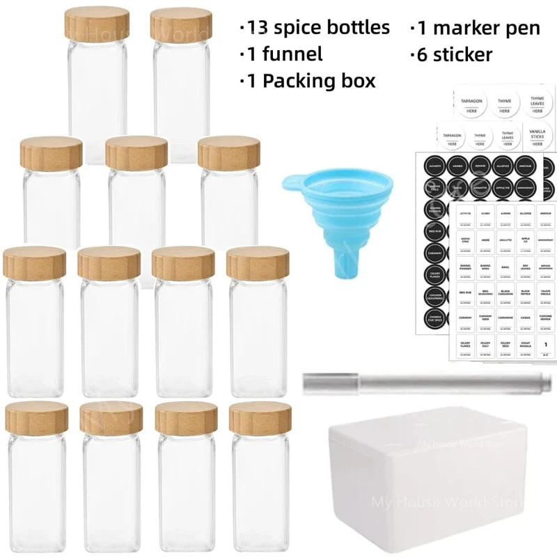 Pots à épices en verre avec couvercle bambou + étiquettes – Set cuisine