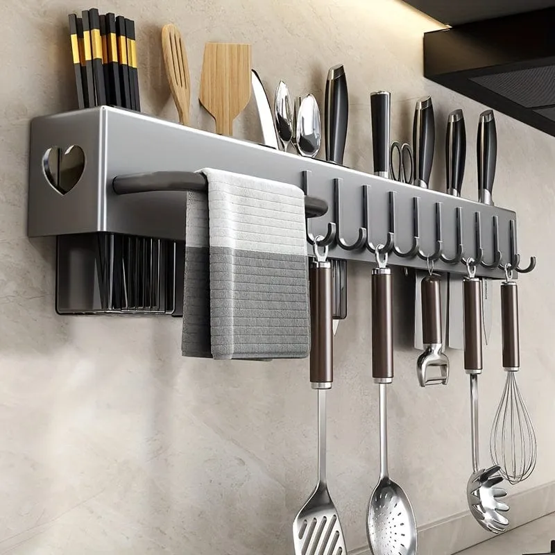 Range-Couteaux Mural Multifonction pour Ustensiles de Cuisine — Étagère sans Perçage
