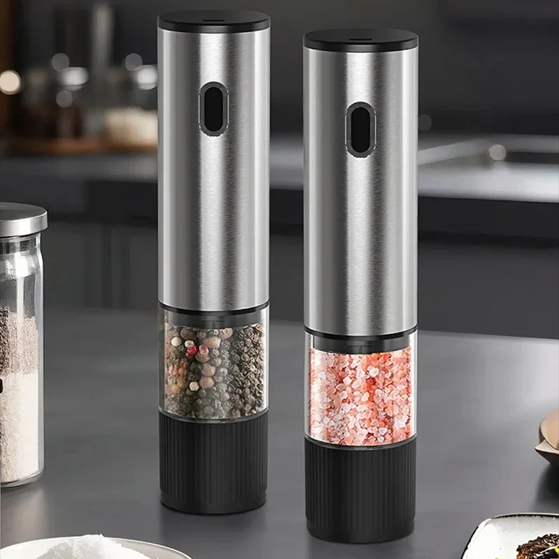 Set de 2 Moulins à Sel et Poivre Électriques Rechargeables USB-C avec Socle, Inox
