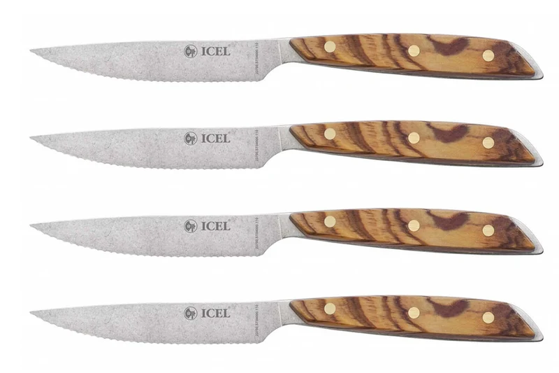 Coffret 4 couteaux à steak Icel lame dentelée 11cm manche droit bois d'olivier