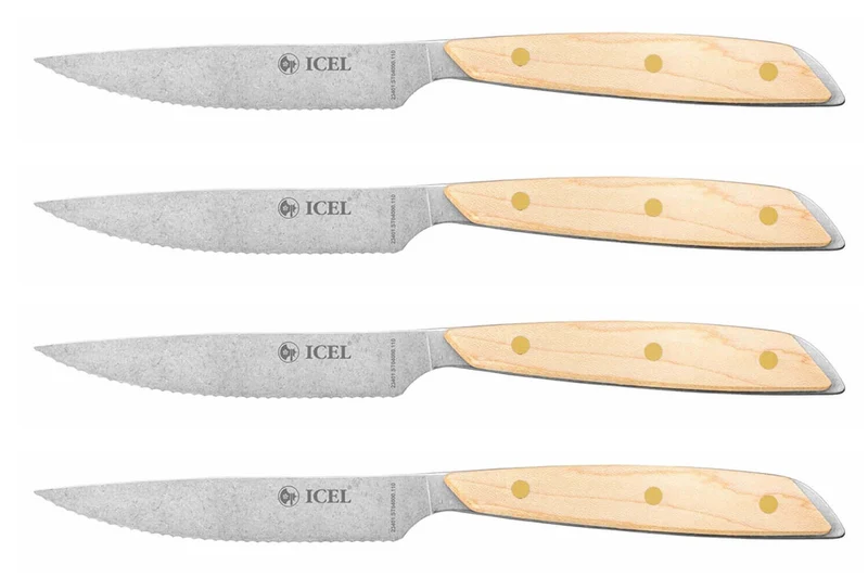 Coffret 4 couteaux à steak Icel lame dentelée 11cm manche droit bois d'érable