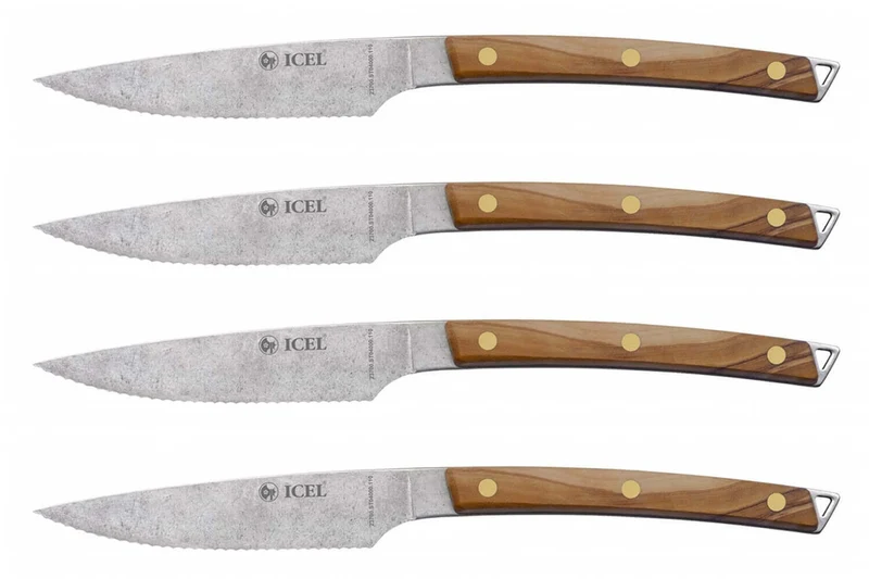 Coffret 4 couteaux à steak Icel lame dentelée 11cm manche incurvé bois d'olivier