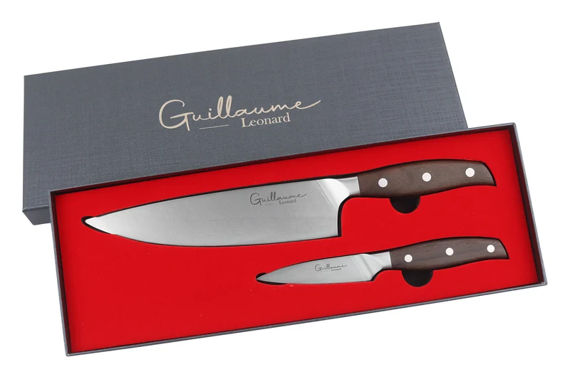 Coffret 2 couteaux Guillaume Leonard Cuistot acier inoxydable et santal rouge Chef + Office