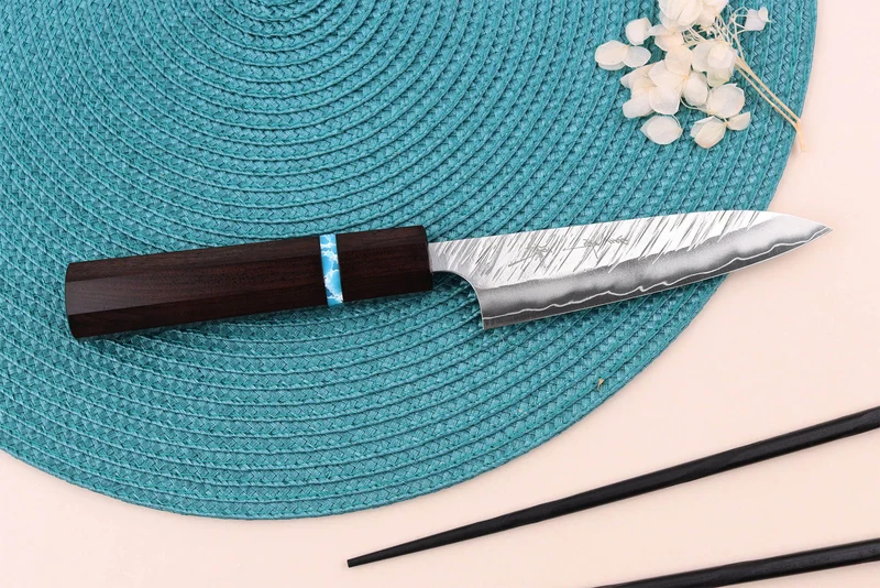 Couteau universel japonais artisanal Yu Kurosaki Fujin 12cm SG2 turquoise