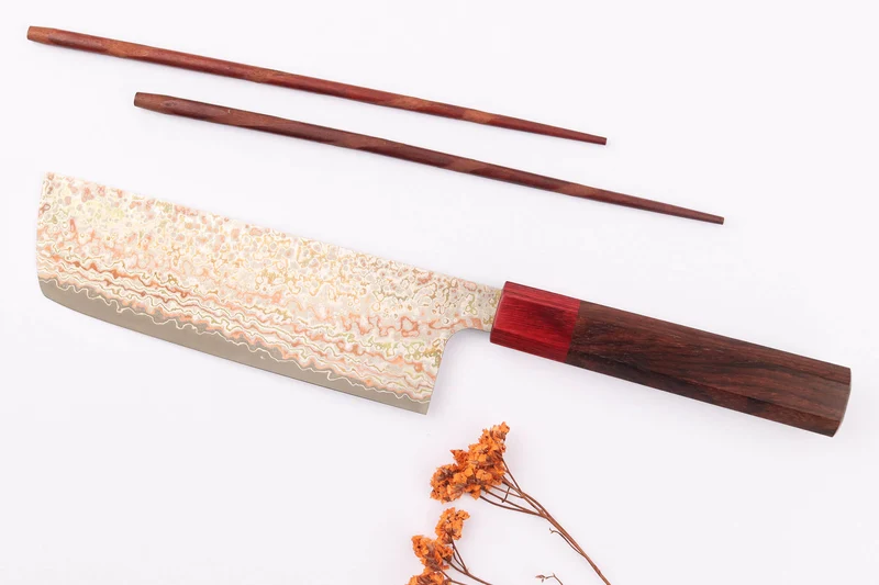 Couteau nakiri 16cm japonais artisanal Takeshi Saji VG10 Rainbow Nashiji