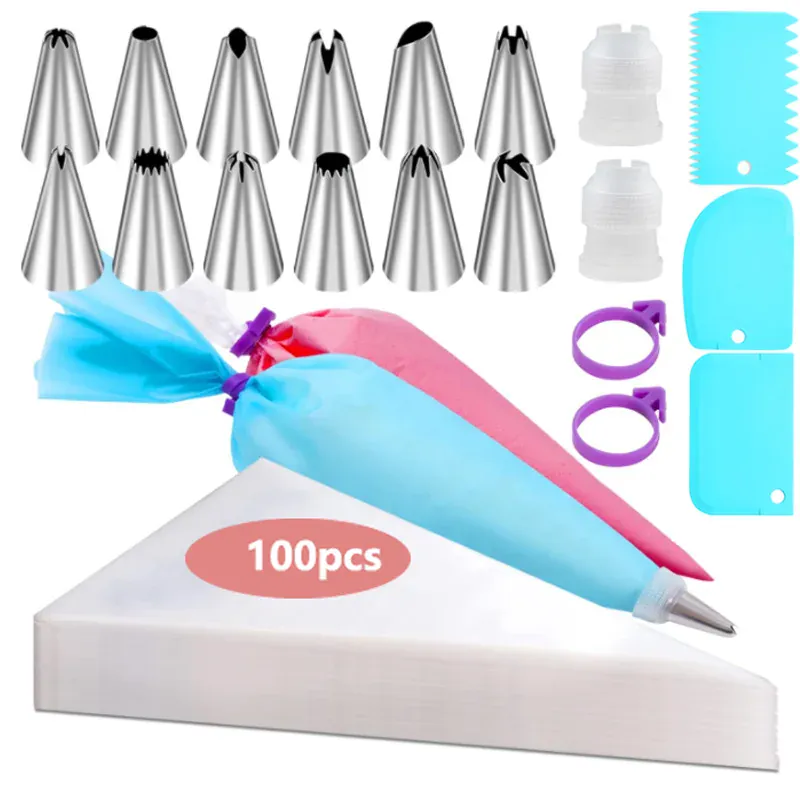 Poches à douille en silicone 100 pcs avec embouts en acier inoxydable