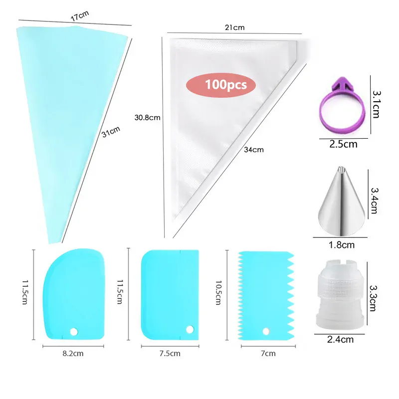 Poches à douille en silicone 100 pcs avec embouts en acier inoxydable