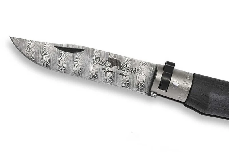 Couteau artisanal Old Bear damas M lame inox 8cm bois d'ayous stratifié avec virole