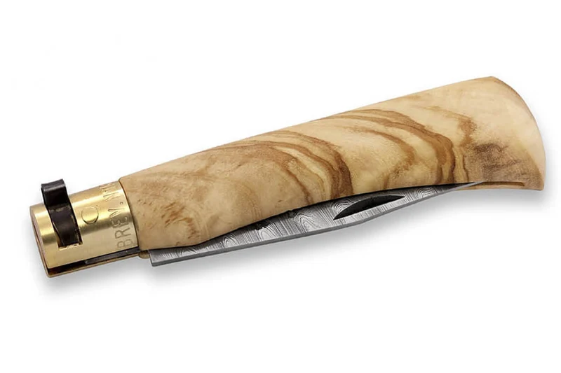 Couteau artisanal Old Bear damas M lame inox 8cm manche olivier avec virole