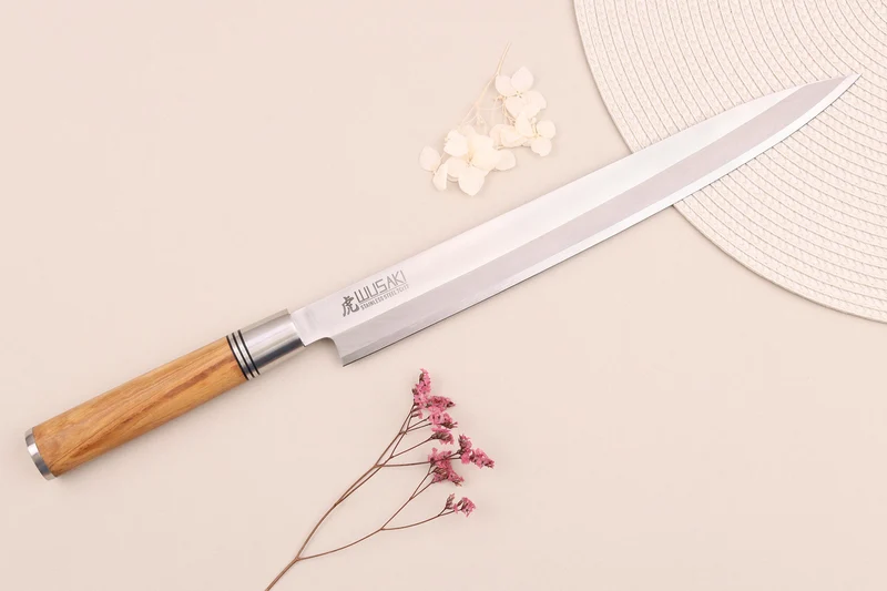 Couteau yanagiba 30cm Wusaki Olive 7Cr manche en olivier + saya