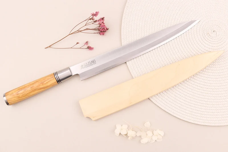 Couteau yanagiba 27cm Wusaki Olive 7Cr manche en olivier + saya