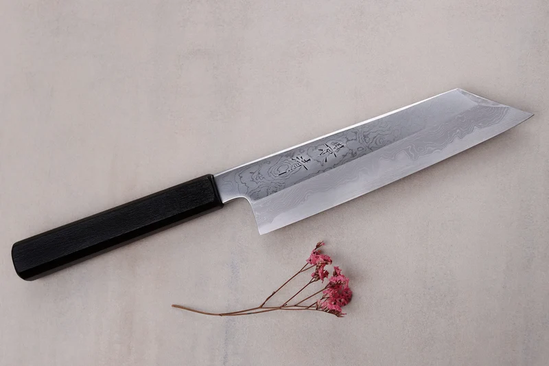 Couteau santoku kiritsuke japonais artisanal Kagekiyo Yoshikazu Tanaka Damas Aogami 18cm