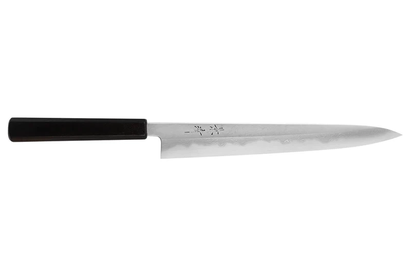 Couteau sujihiki japonais artisanal Kagekiyo Yoshikazu Tanaka Damas Aogami 27cm