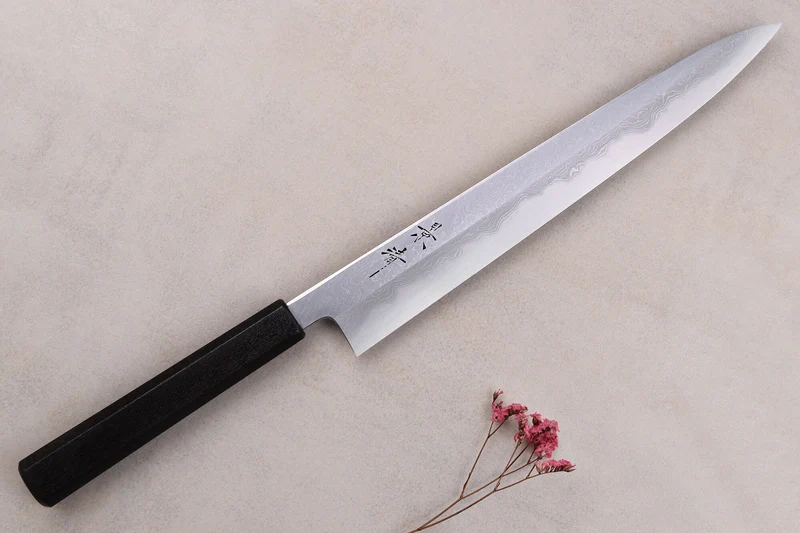 Couteau sujihiki japonais artisanal Kagekiyo Yoshikazu Tanaka Damas Aogami 27cm