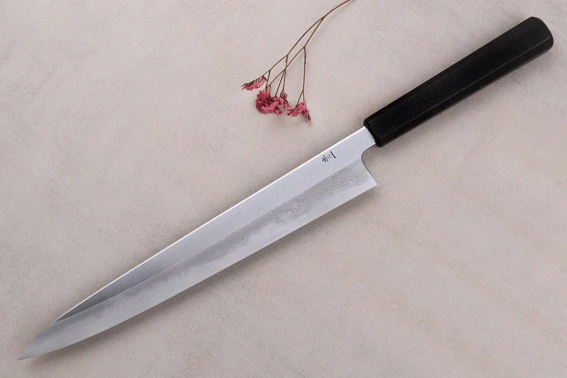 Couteau sujihiki japonais artisanal Kagekiyo Yoshikazu Tanaka Damas Aogami 27cm