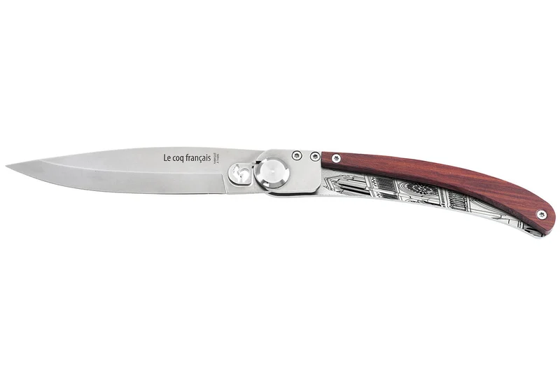 Couteau pliant Le Coq Français Notre Dame de Paris Red Heart artisanal manche bois rouge 11,5cm + étui