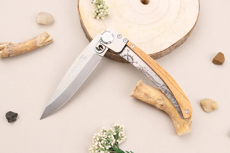 Couteau pliant Le Coq Français Nautic artisanal manche bois d'olivier 11,5cm + étui