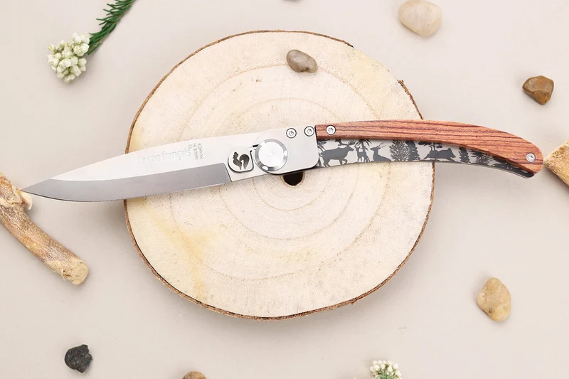 Couteau pliant Le Coq Français Forêt artisanal manche bois de violette 11,5cm + étui