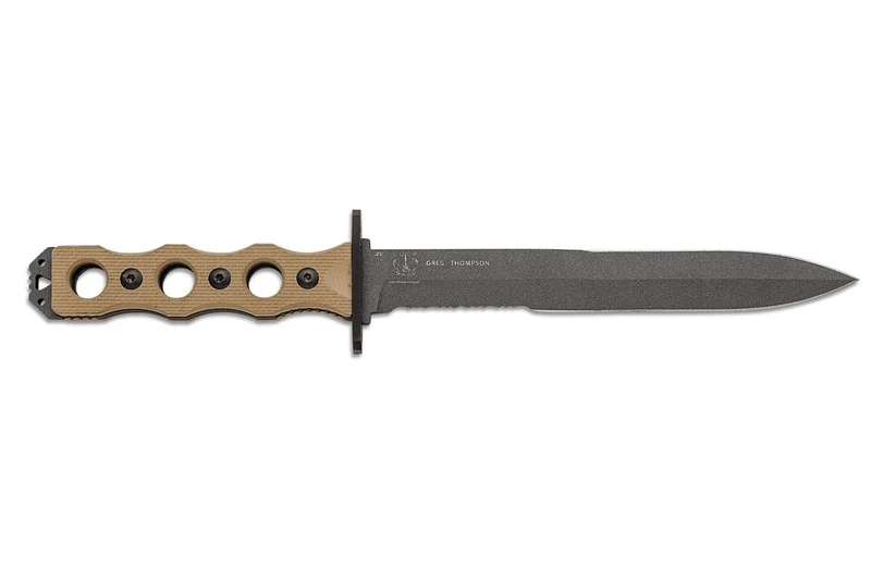 Couteau Benchmade SOCP 185SBK_1 lame semi-dentée 18cm manche ajouré en G10 taupe avec étui