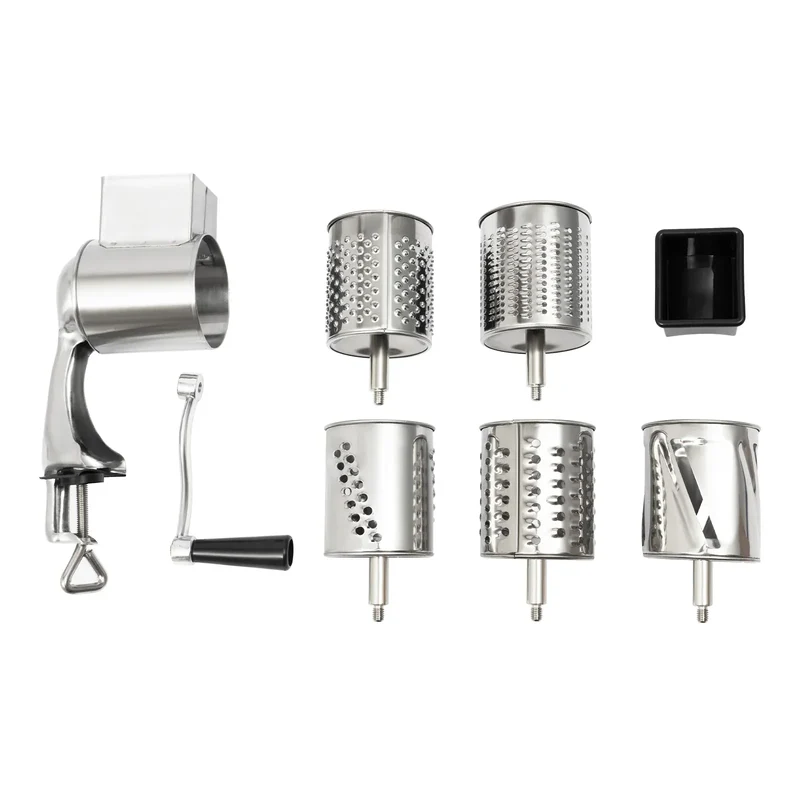 Râpe Rotative Manuelle 5 Tambours — Acier Inoxydable, Fixation par Serre-Clamp