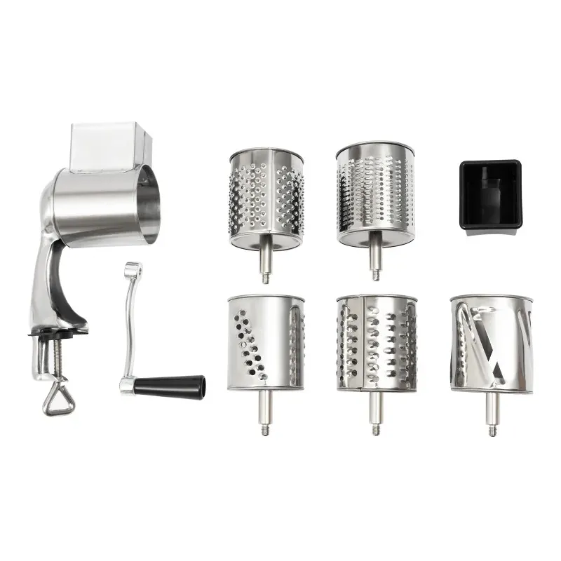 Râpe Rotative Manuelle 5 Tambours — Acier Inoxydable, Fixation par Serre-Clamp