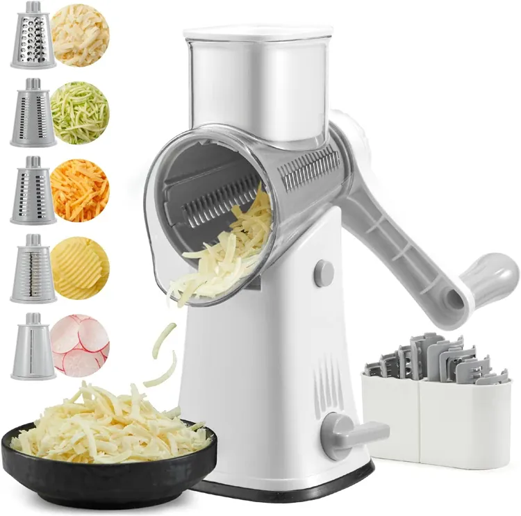 Coupe-Légumes Rotatif Manuel 5 en 1 — Acier Inoxydable, Ventouse Stable (Blanc/Vert/Noir)